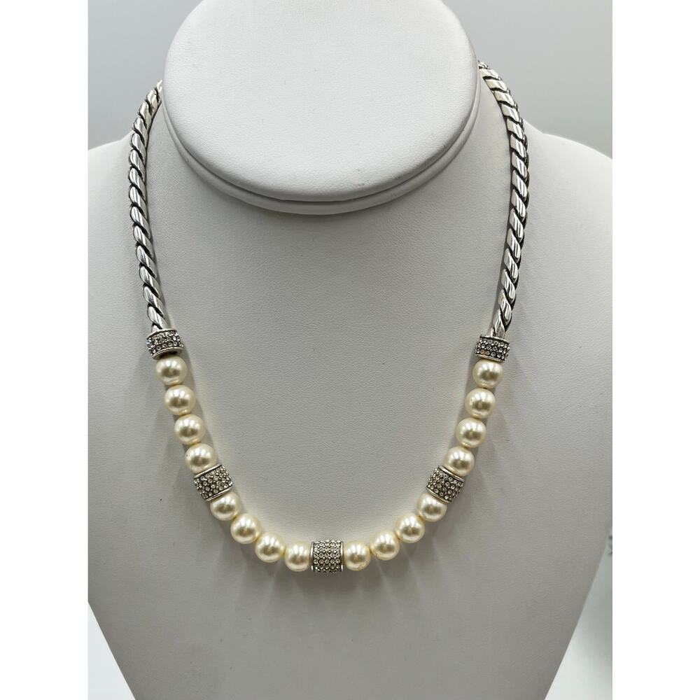 Brighton Meridian Vintage‎ Faux Ivory Pearl and Crystal Braided Barrel  Necklace